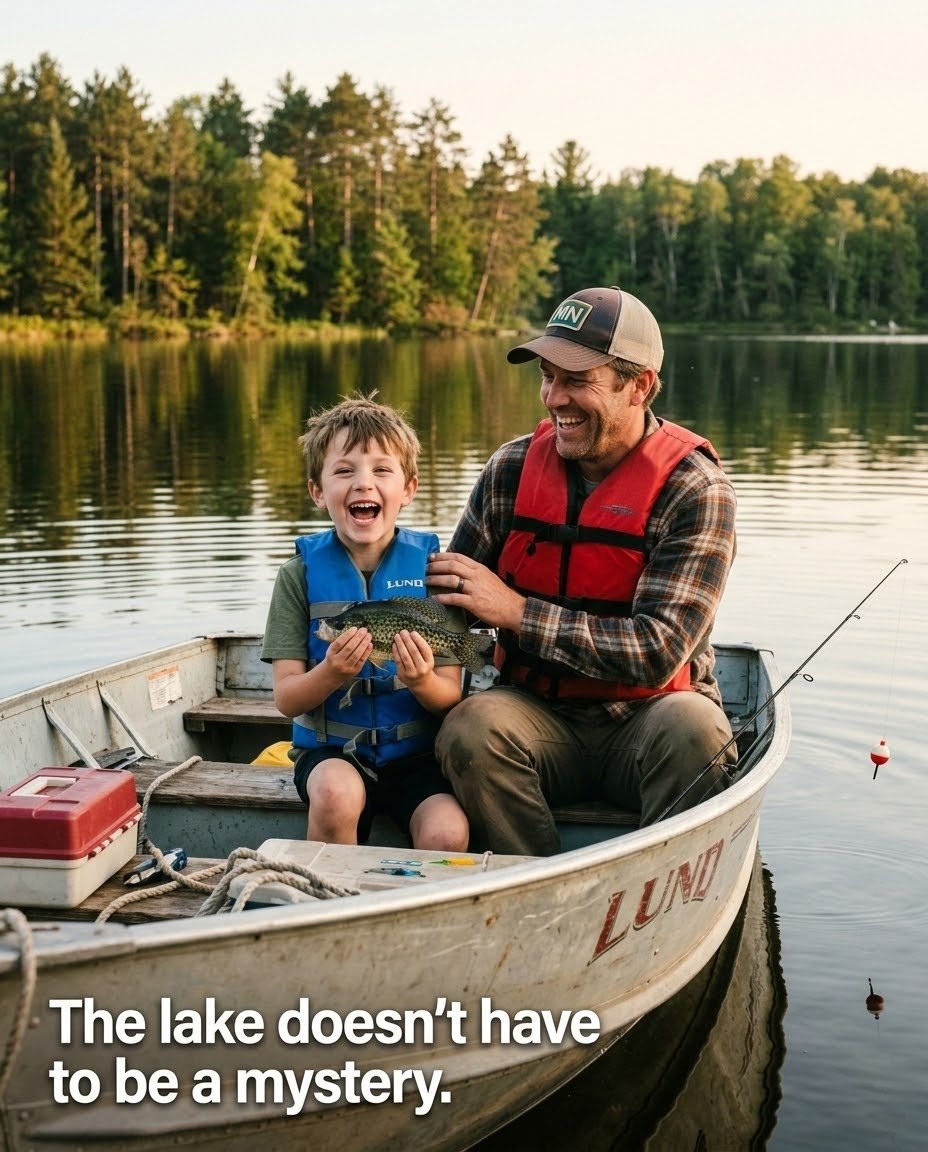 A dad and his son laughing in a fishing boat, the boy holding up a crappie he just caught