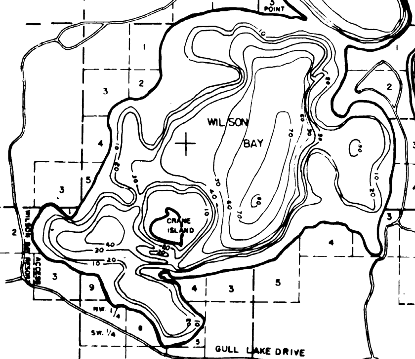 A black-and-white historical DNR depth contour map of Gull Lake centered on Wilson Bay and Crane Island