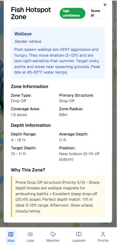 Fish Hotspot Zone panel showing a high-confidence walleye drop-off zone scored 81, with AI-generated reasoning