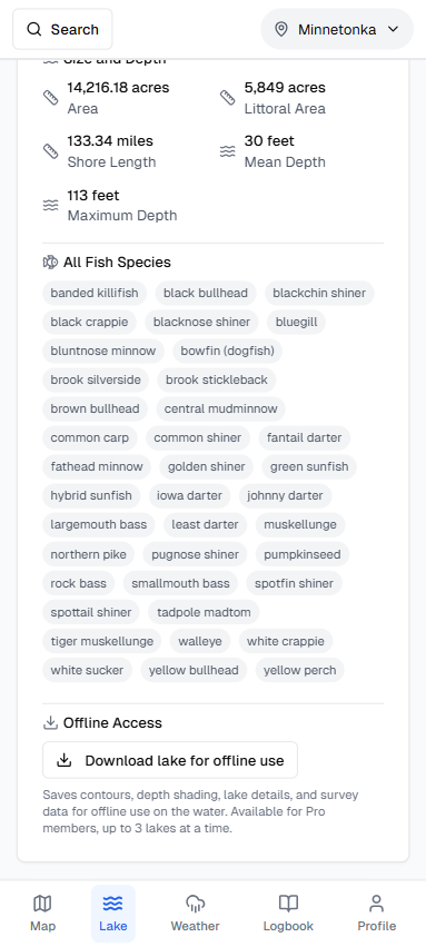 Lake Minnetonka detail page showing lake size and depth stats, species list, and offline access