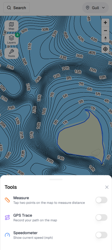 Fish Guide Pro contour map of Gull Lake with the Tools panel open showing Measure, GPS Trace, and Speedometer toggles