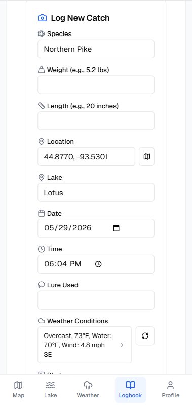 Log New Catch form on Lotus Lake for a Northern Pike, with GPS coordinates and auto-filled weather conditions