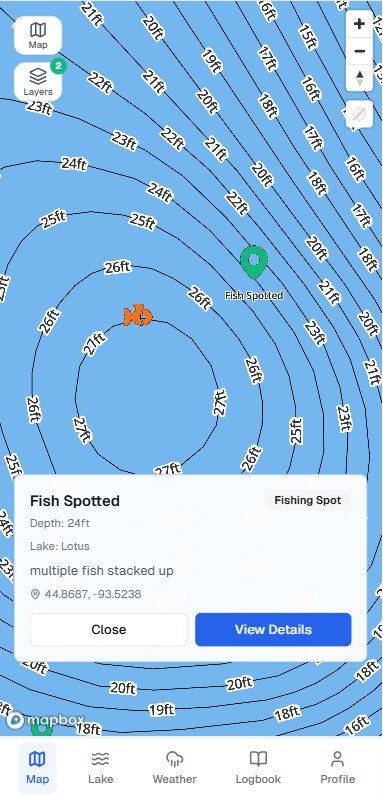 A Fish Spotted waypoint on Lotus Lake at 24 feet depth, overlaid on a bathymetric contour map